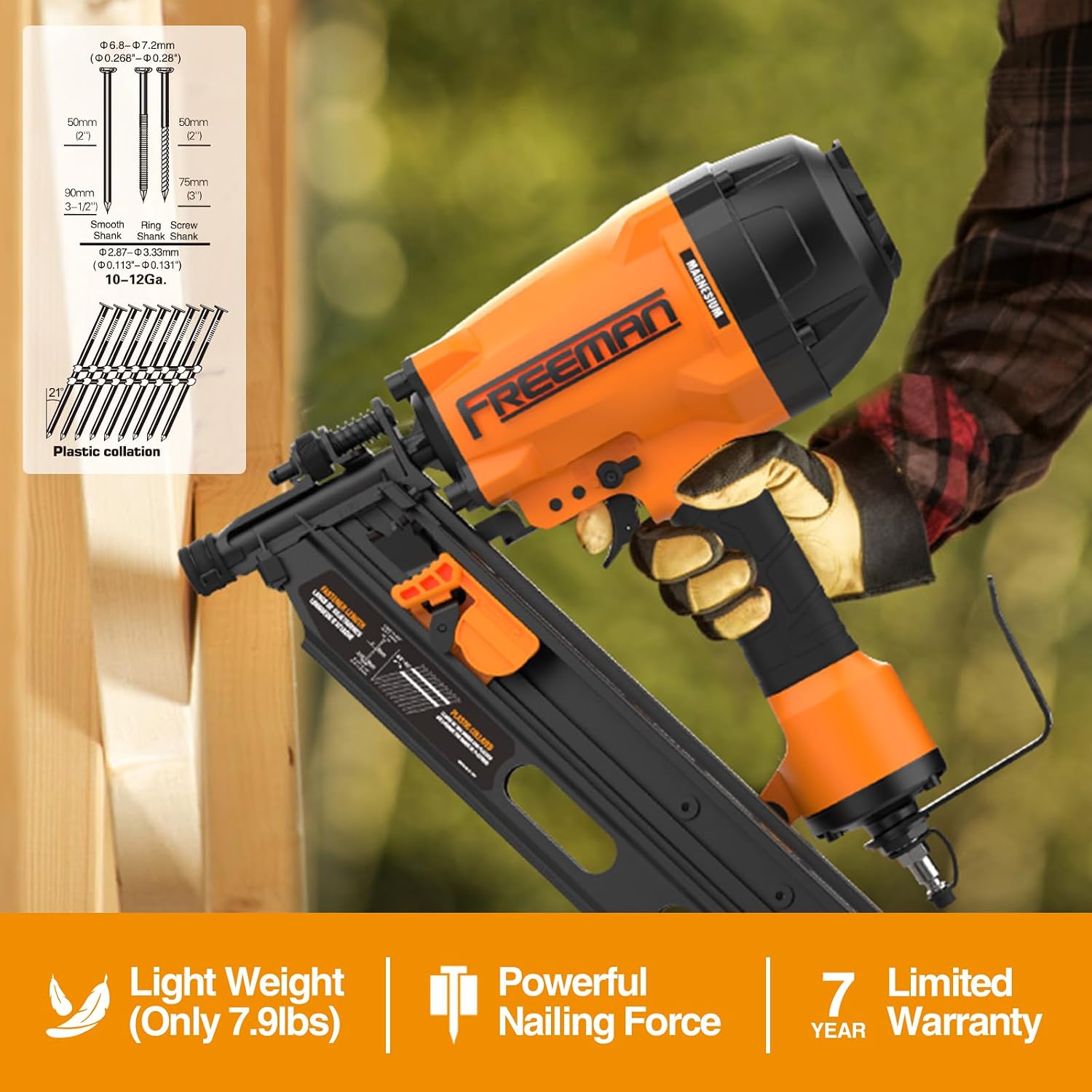 Freeman G2FR2190 2nd Generation Pneumatic 21 Degree 3-1/2' Framing Nailer with Adjustable Metal Belt Hook and 1/4' NPT Air Connector