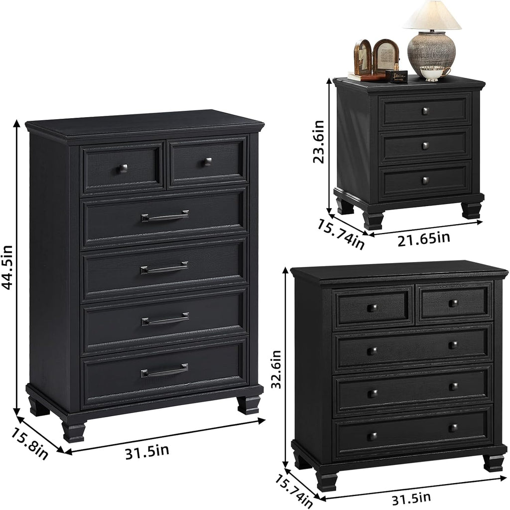 SAVOR LIFE Farmhouse Bedroom Dresser and Nightstand Set of 4, 6 Drawer Tall & 5 Drawers Dresser & 3 Drawer Nightstand Set with Wooden Legs, Rustic Wood Furniture for Bedroom, Hallway, Black