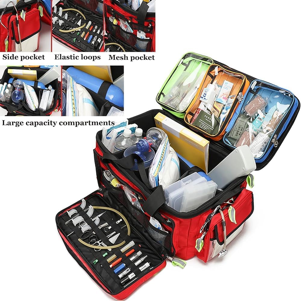 First Aid Kit Bag Large Capacity Medical Trolley Bag with Wheels First Responder Trauma Bag Portable Outdoor Emergency Medical Duffle Bag Empty with Compartments Removable for Oxygen Tank(Red)