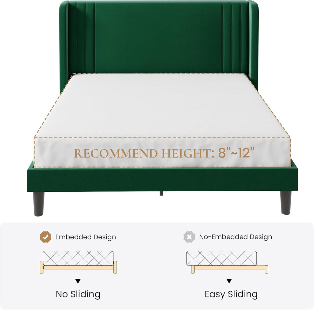 SHA CERLIN Queen Size Velvet Upholstered Platform Bed Frame with Vertical Channel Tufted Wingback Headboard, Wooden Slats Support, Easy Assembly, Under Bed Storage, No Box Spring Required, Green