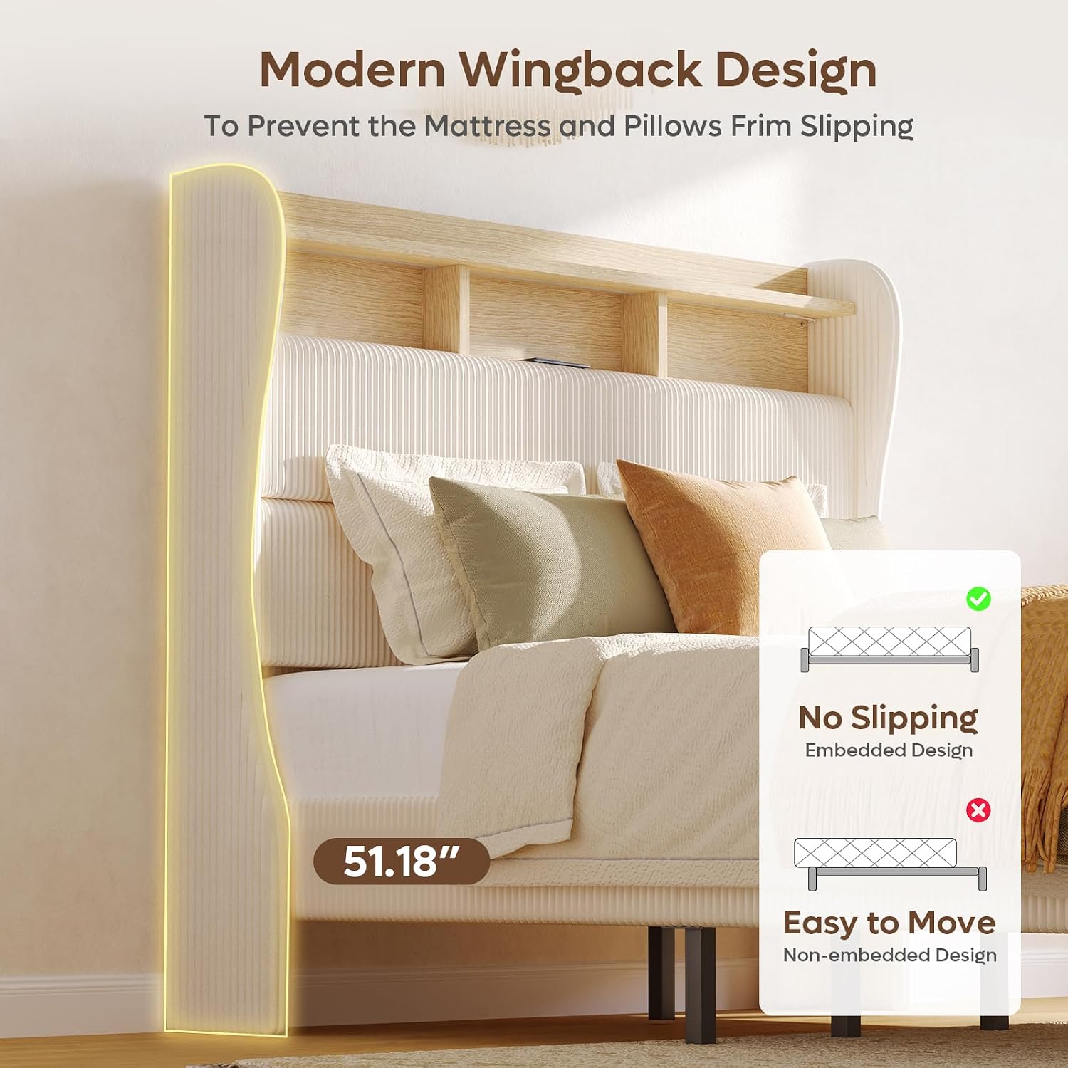 Bestier Queen Size Upholstered Wingback Bed Frame with 51' High Headboard Corduroy Fabric RGB LED Lights, Charging Station Dual Storage Shelves Modern Off White Platform Bed No Box Spring Needed