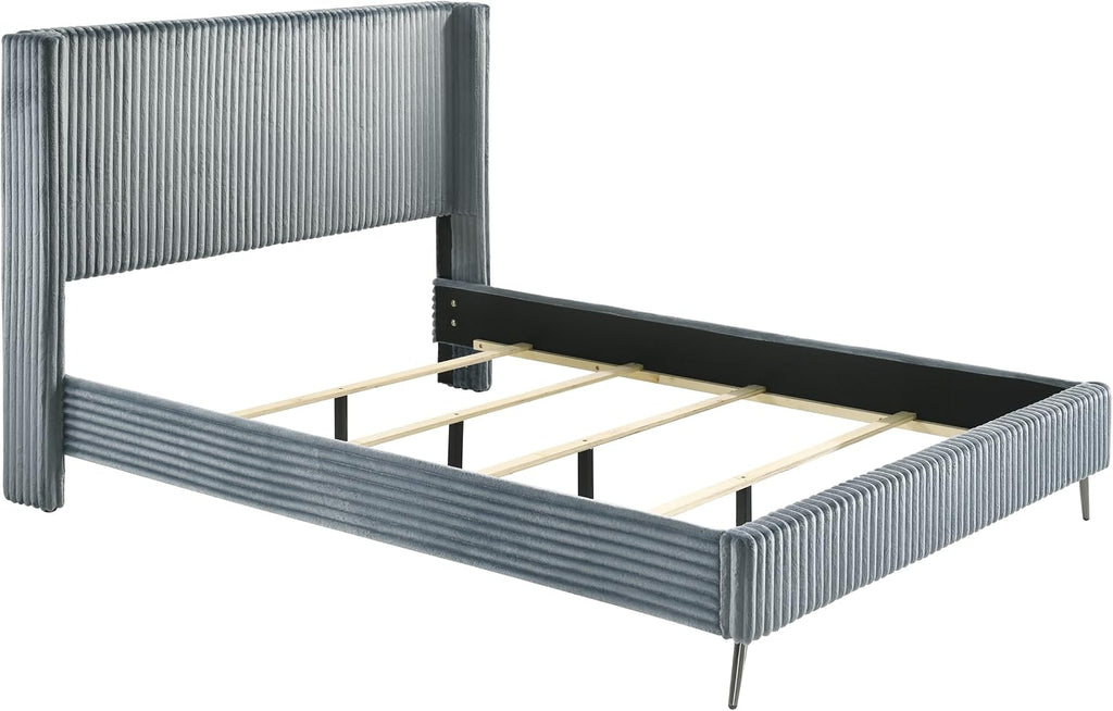 Roundhill Furniture Mavela Wide Wale Corduroy Upholstery Panel Queen Bed with 2 Nightstands, Blue