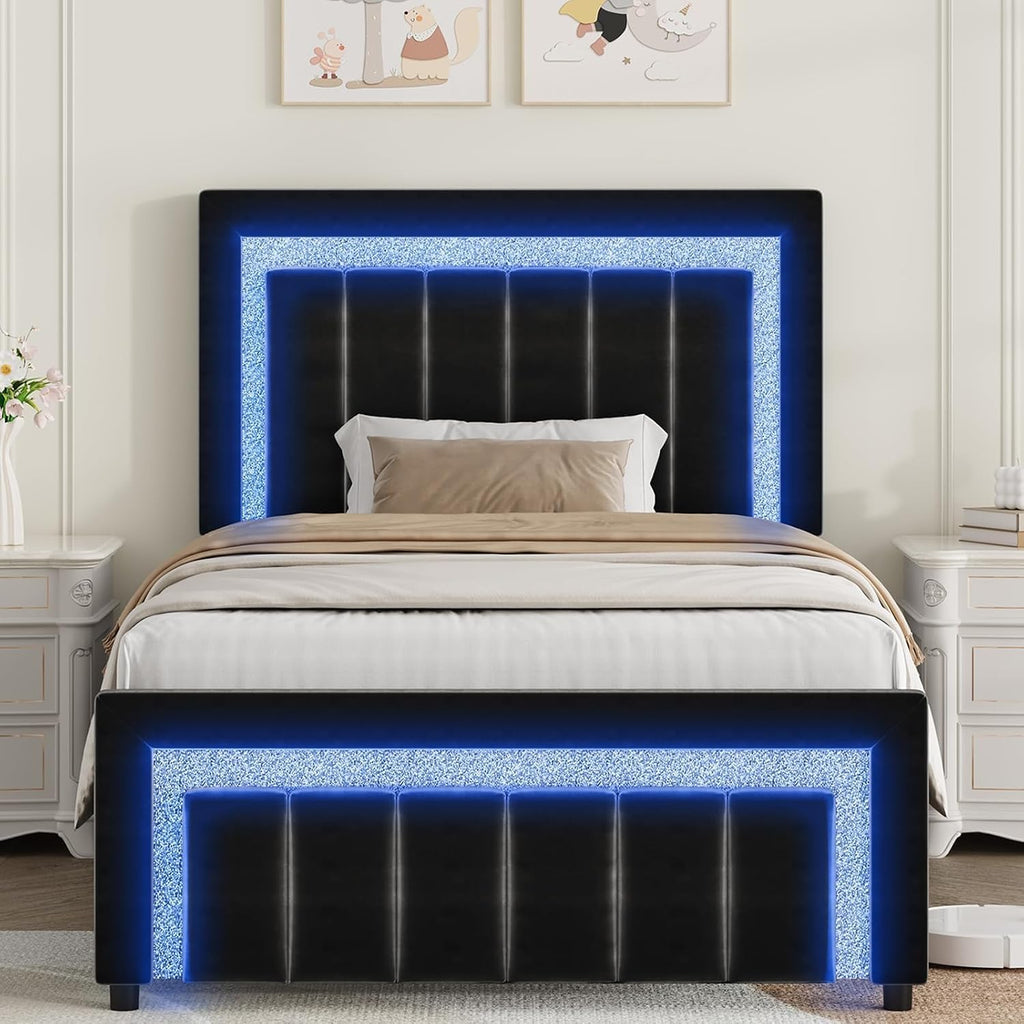 HOMBCK Twin Bed Frame with LED Lights and Velvet Upholstered Adjustable Headboard, Twin Size Bed Frames with Diamond Headboard & Footboard, Wood Slats Support, Noise Free, No Box Spring Needed, Black