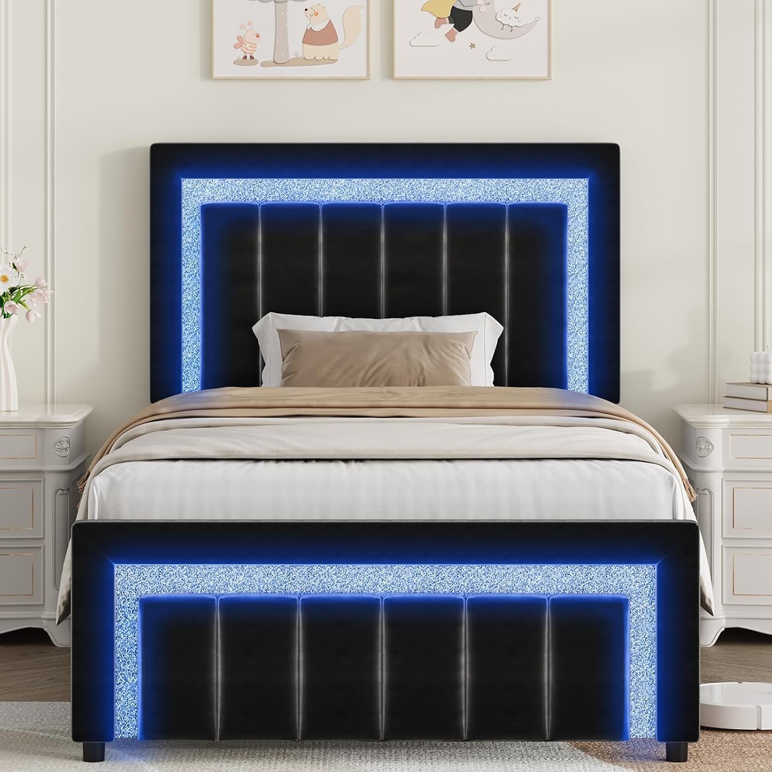 HOMBCK Twin Bed Frame with LED Lights and Velvet Upholstered Adjustable Headboard, Twin Size Bed Frames with Diamond Headboard & Footboard, Wood Slats Support, Noise Free, No Box Spring Needed, Black