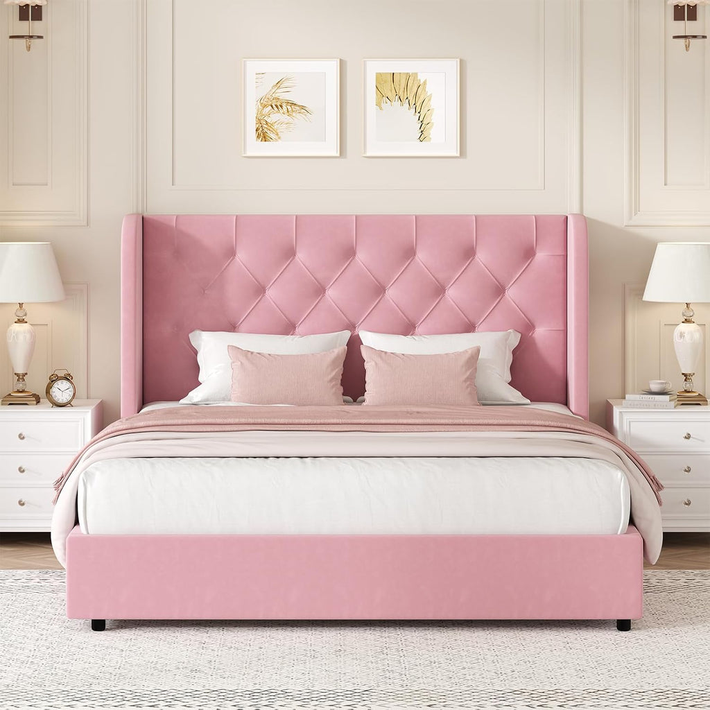 HOMBCK PIink Full Size Bed Frame, Velvet Upholstered Bed Frame Full with Headboard and Wide Wingback, Sturdy Wooden Slats Support, No Box Spring Needed, Noise Free, Easy Assembly, Pink