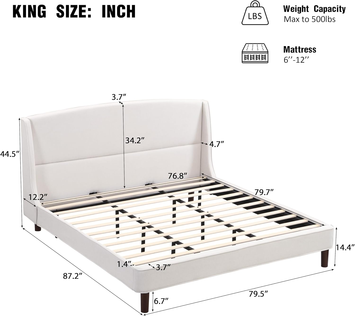 Christopher Knight Home Cordo 44.50' H King Size Bed Set, Upholstered Platform Bed with Wingback Headboard, Solid Wooden Slats Panel Support, No Box Spring Needed, Easy Assembly, Beige