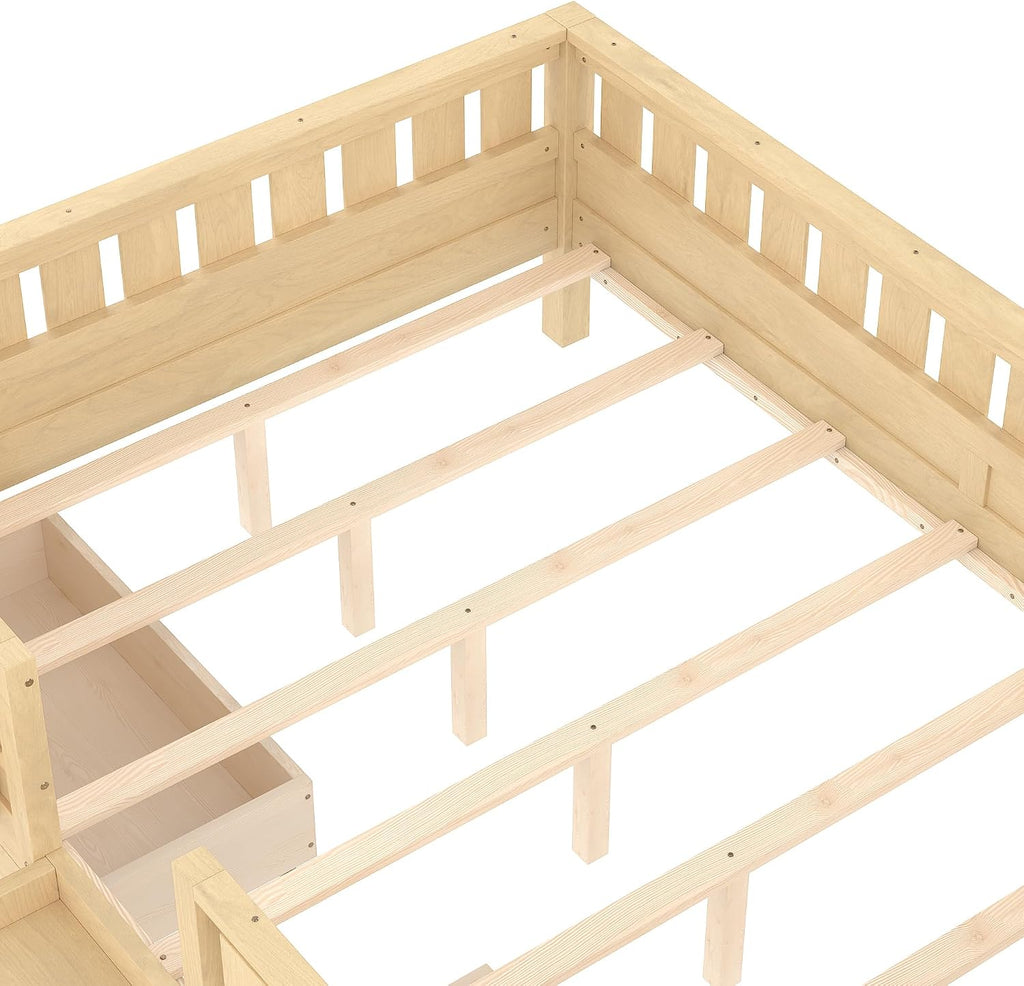 Bellemave Queen Size Bed with Slats and Stairs, Queen Size Platform Bed Frame with Fence, Bookshelf and Storage Drawers, Easy Assemble Beds for Girls, Boys, Light Natural