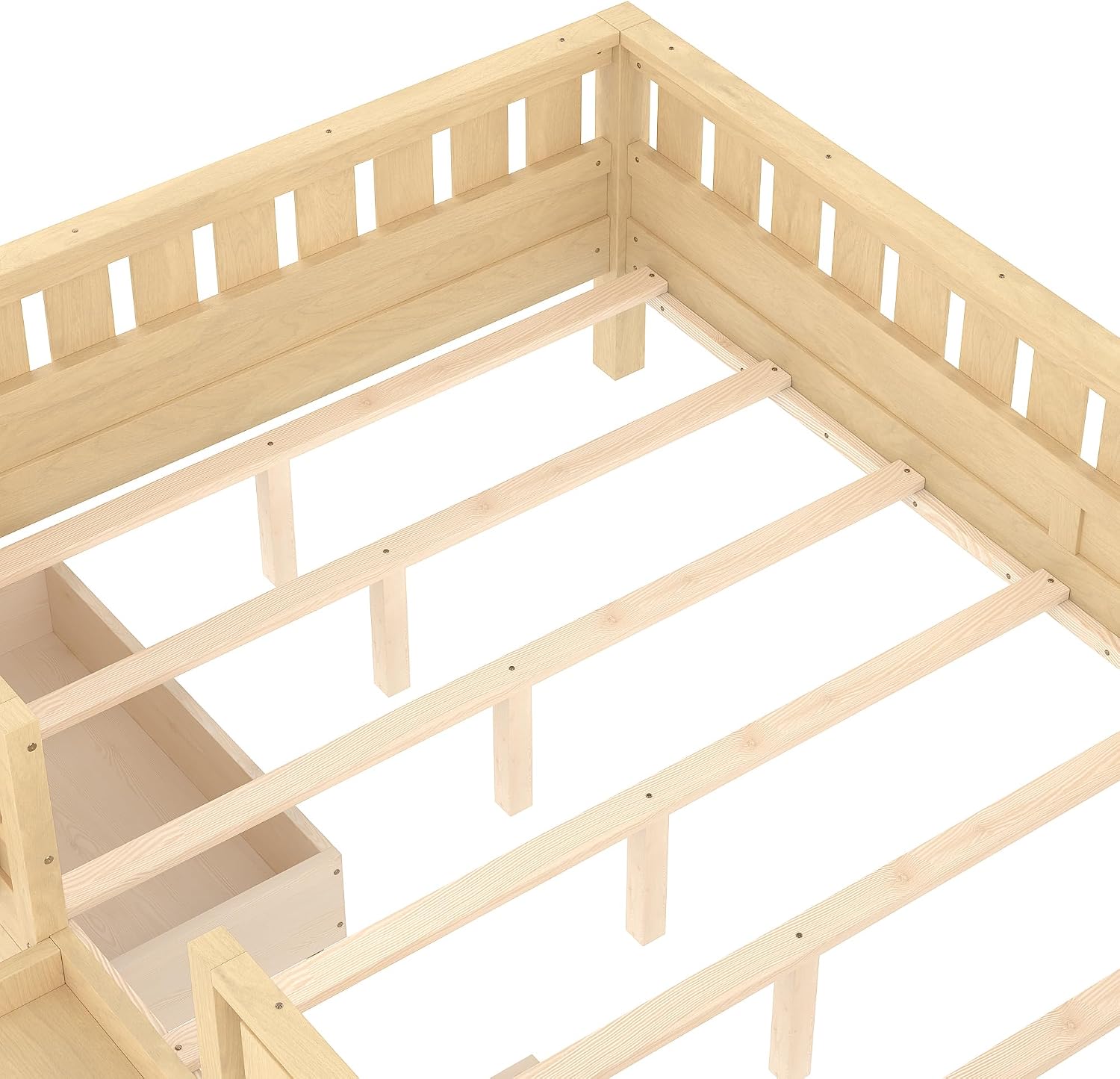 Bellemave Queen Size Bed with Slats and Stairs, Queen Size Platform Bed Frame with Fence, Bookshelf and Storage Drawers, Easy Assemble Beds for Girls, Boys, Light Natural