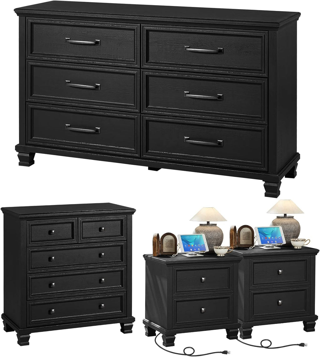 SAVOR LIFE Farmhouse Bedroom Dresser and Nightstand Set of 4, 6 Drawer Low & 5 Drawers Dresser & 2 Drawer Nightstand Set, Rustic Wood Furniture Set for Bedroom, Hallway, Black