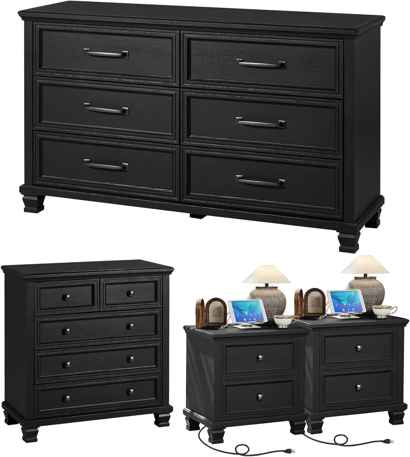 SAVOR LIFE Farmhouse Bedroom Dresser and Nightstand Set of 4, 6 Drawer Low & 5 Drawers Dresser & 2 Drawer Nightstand Set, Rustic Wood Furniture Set for Bedroom, Hallway, Black