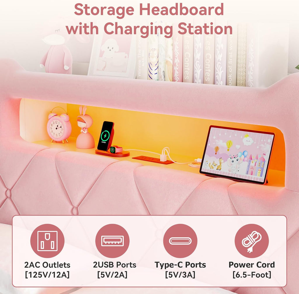 Queen Upholstered LED Bed Frame with 2 Storage Drawers and 2-Tier Storage Headboard,Velvet Princess Platform Bed with Charging Station & Bookcase, Corner Bed Frame, Heavy Duty Metal Support, Pink