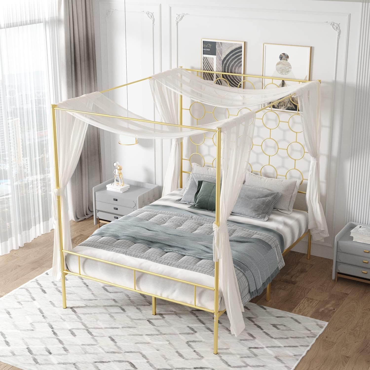 Gold Metal Canopy Bed Frame King/Mattress Foundation with Steel Slat Support/No Box Spring Needed/Easy Assembly (Gold, King)