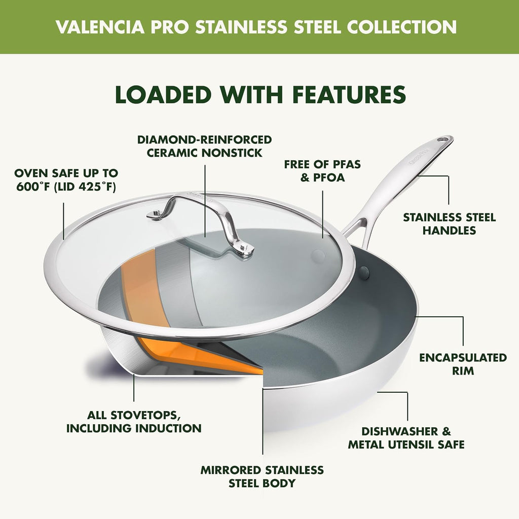 GreenPan Valencia Pro Tri-Ply Stainless Steel 12' Wok with Lid, PFAS-Free Ceramic Nonstick Coating, Induction Ready Cookware, All Cooktops, Dishwasher & Oven Safe to 600F