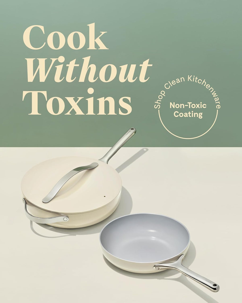 Caraway Fry Pan and Sauté Pan Duo - 10.5' Ceramic Frying Pan and 11.8' Deep Sauté Pan with Lid - Non Stick, Non Toxic, Oven Safe - Sage