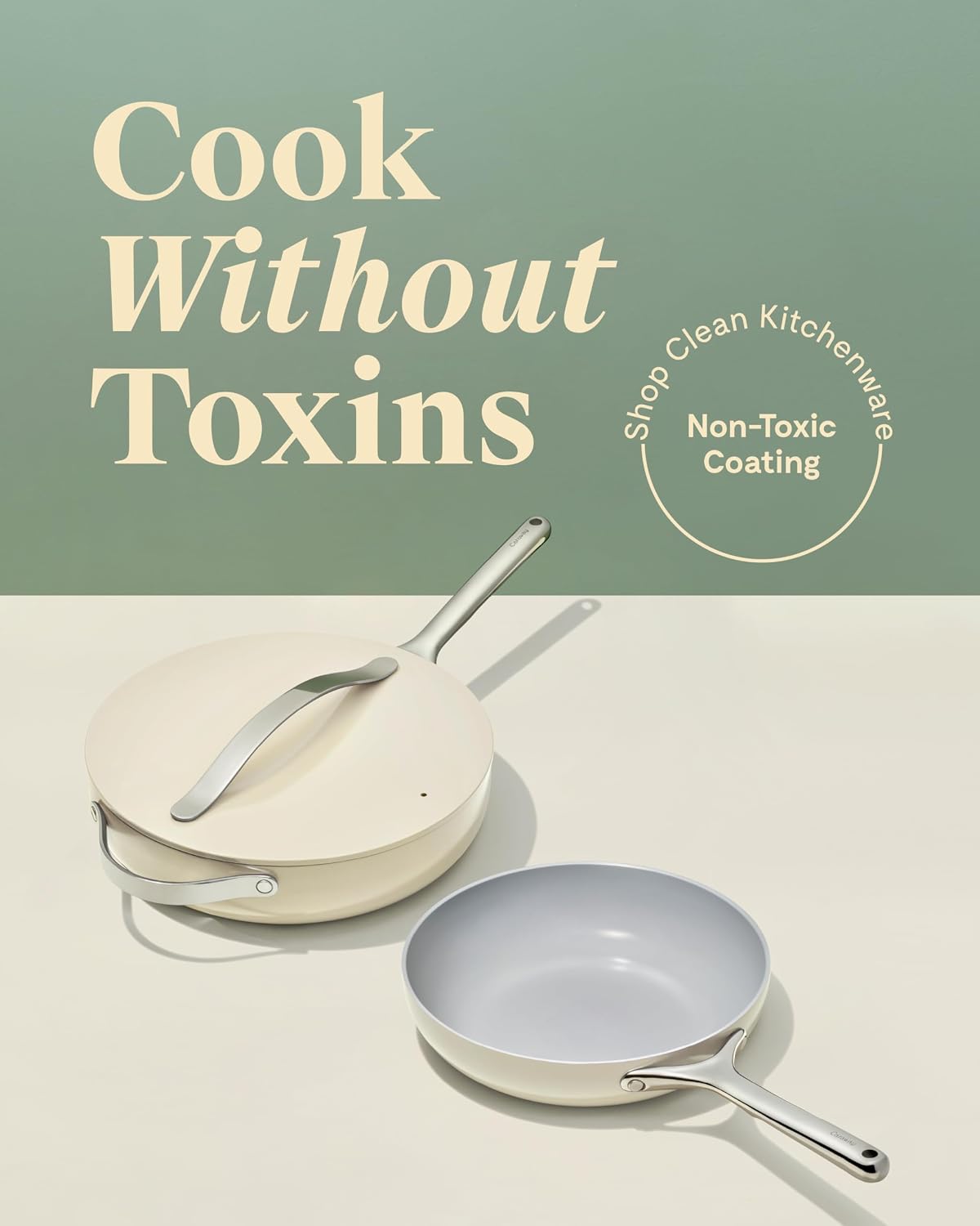 Caraway Fry Pan and Sauté Pan Duo - 10.5' Ceramic Frying Pan and 11.8' Deep Sauté Pan with Lid - Non Stick, Non Toxic, Oven Safe - Sage