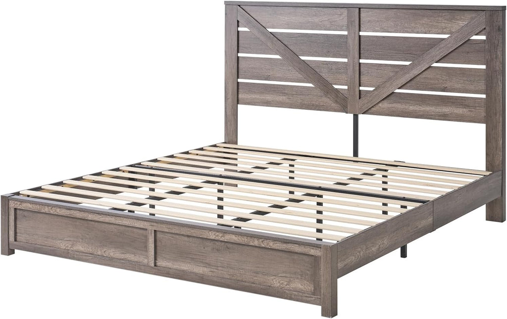 AMERLIFE King Size Bed Frame with 49.2' Barn Door Headboard and Footboard, Farmhouse Platform Bed Frame with Wood Slats, No Box Spring Needed, Under Bed Storage, Rustic Gray