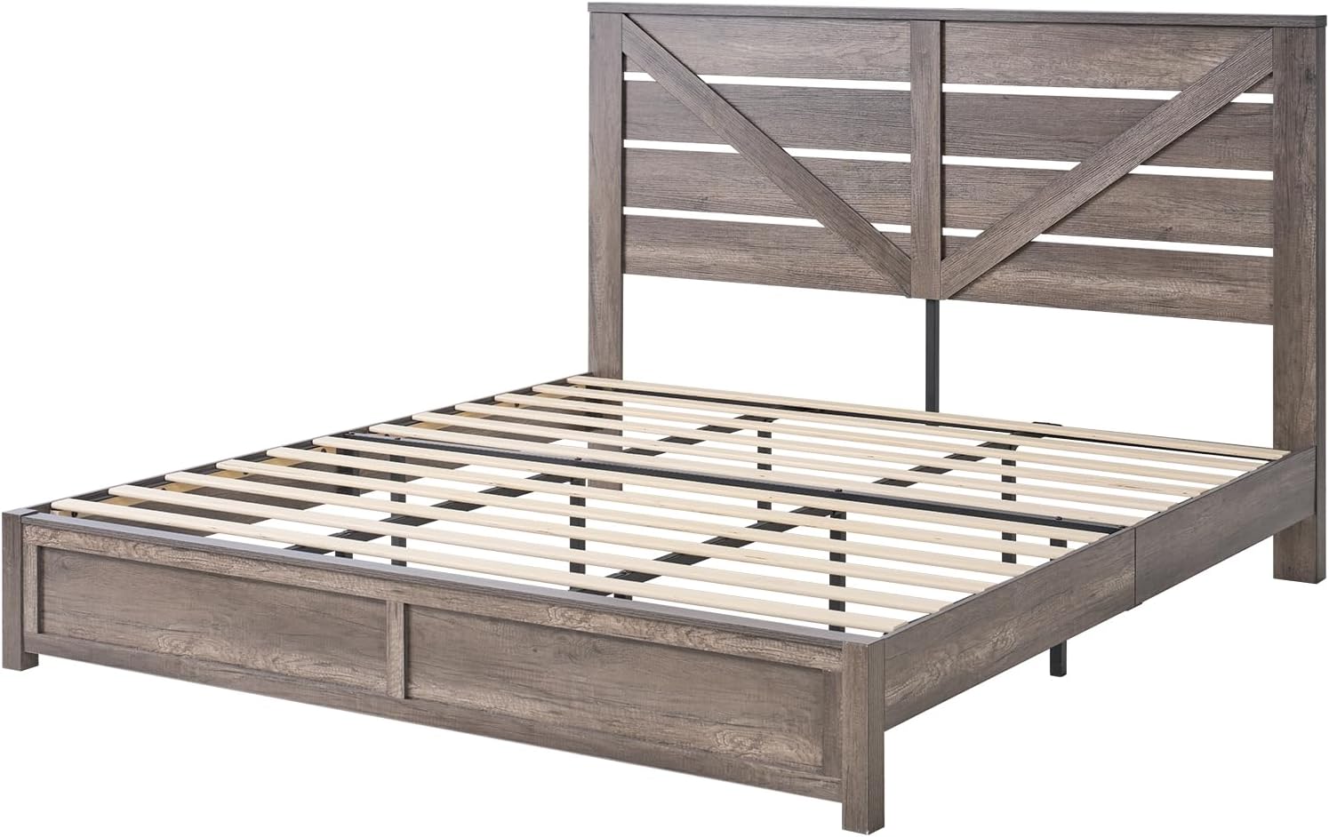 AMERLIFE King Size Bed Frame with 49.2' Barn Door Headboard and Footboard, Farmhouse Platform Bed Frame with Wood Slats, No Box Spring Needed, Under Bed Storage, Rustic Gray