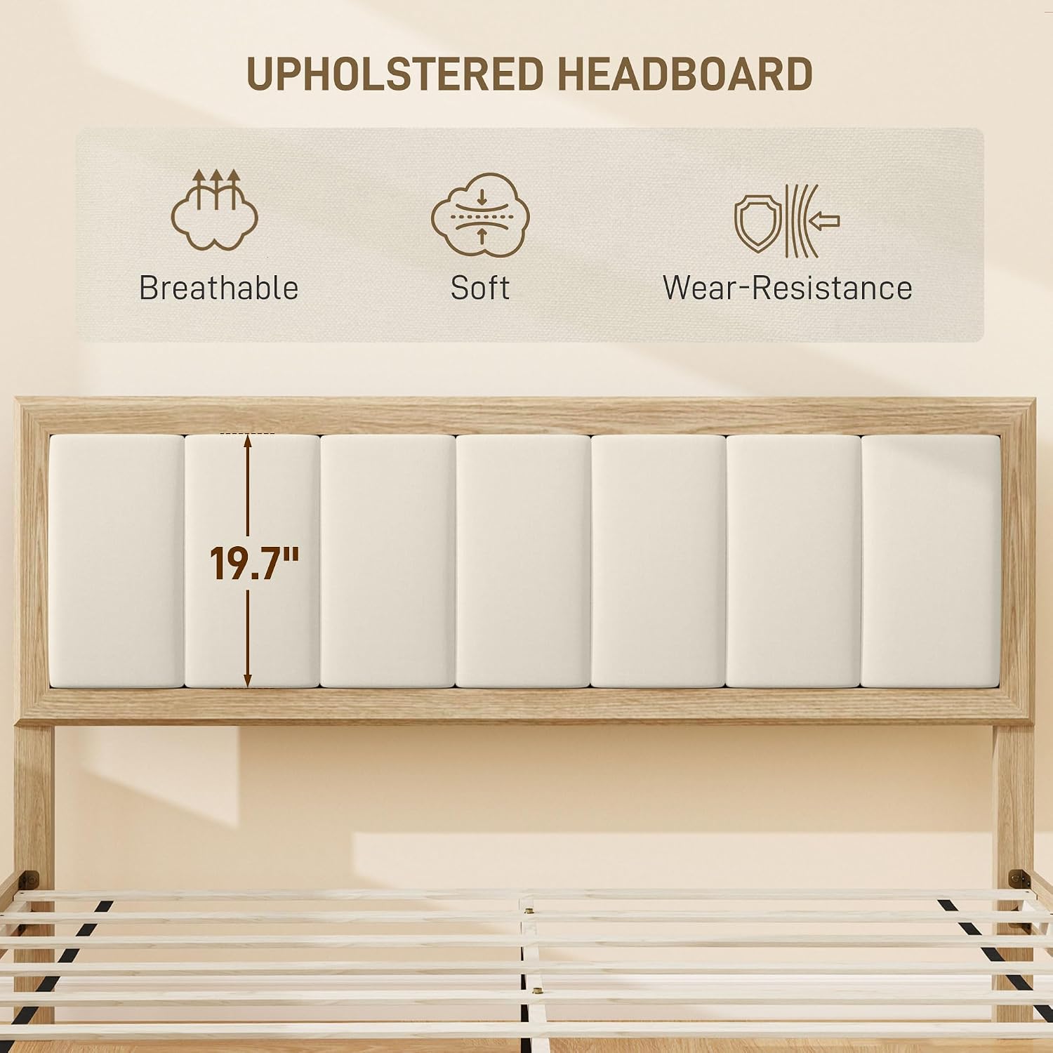 HOMCOM Queen Size Bed Frame with Upholstered Headboard, Platform Bed Frame with Wooden Slats, No Box Spring Needed, Easy Assembly, Natural