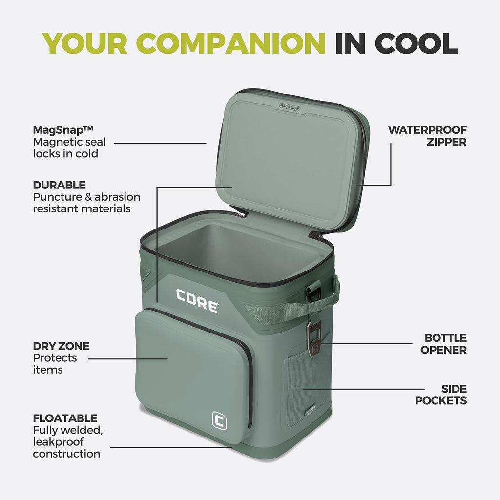 CORE Magnetic Leak Proof Soft Cooler with Waterproof Zipper | Insulated Bag Portable Ice Chest Box | Best Soft Cooler for Food & Beverages for Tailgating, Car Camping, Travel, and Family Beach Picnics