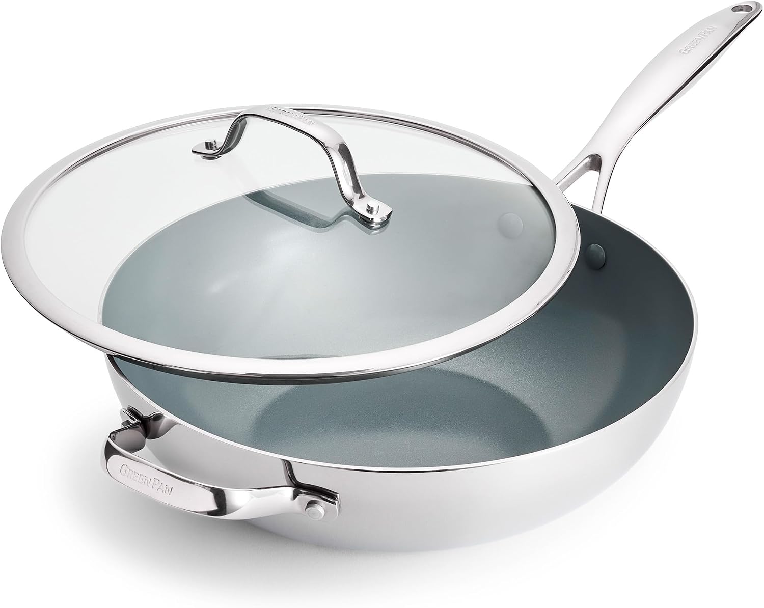 GreenPan Valencia Pro Tri-Ply Stainless Steel 12' Wok with Lid, PFAS-Free Ceramic Nonstick Coating, Induction Ready Cookware, All Cooktops, Dishwasher & Oven Safe to 600F