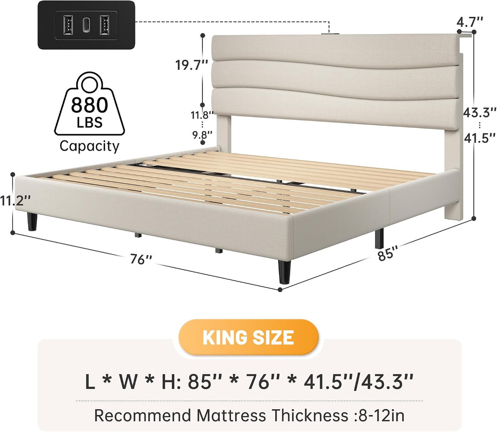EnHomee King Bed Frame with Adjustable Height Headboard, 3 USB Charging Ports, Upholstered Platform Bed for Bedroom Apartment Dorm, Noise-Free, No Box Spring Needed, Beige