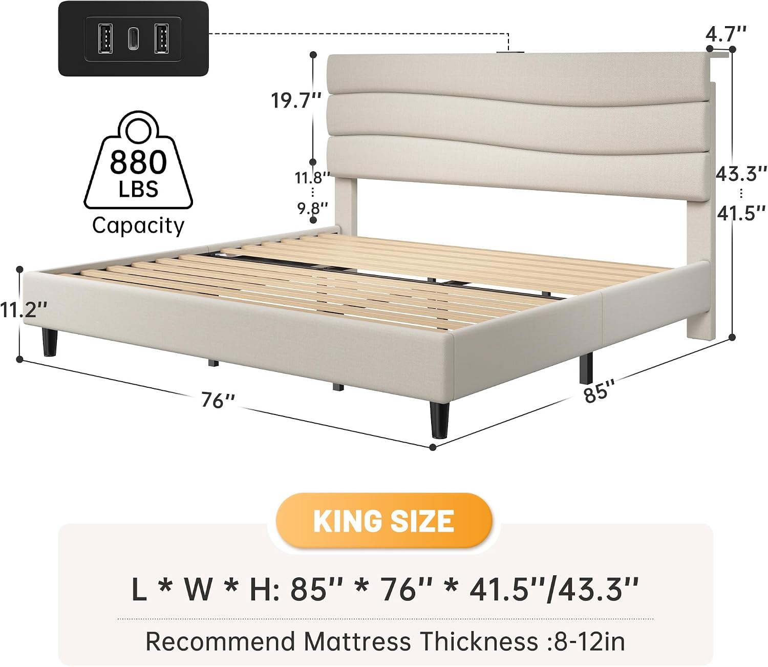 EnHomee King Bed Frame with Adjustable Height Headboard, 3 USB Charging Ports, Upholstered Platform Bed for Bedroom Apartment Dorm, Noise-Free, No Box Spring Needed, Beige