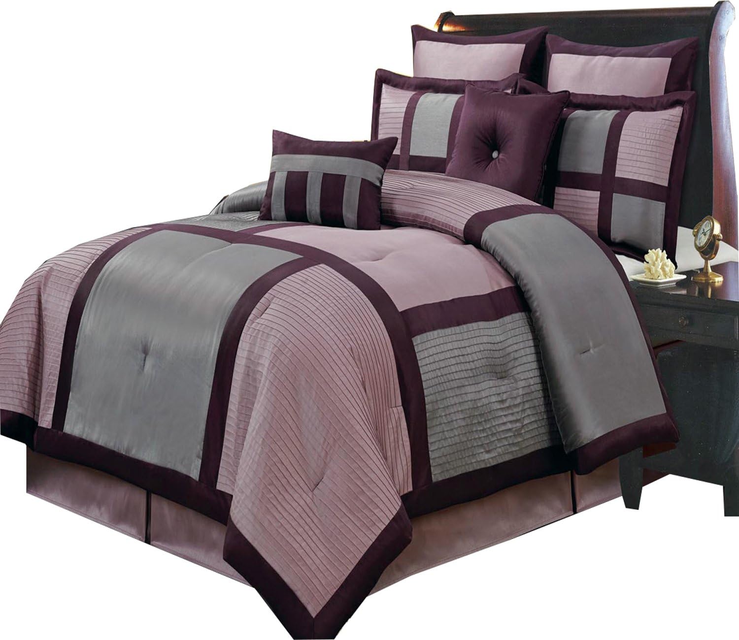 Royal Tradition 8-Piece Bed in a Bag, California King Size, Purple Morgan Comforter Set (One Comforter 102' x 96', Two Pillow Shams, Euro Shams, Cushions, One Bedskirt) Stylish Bedding