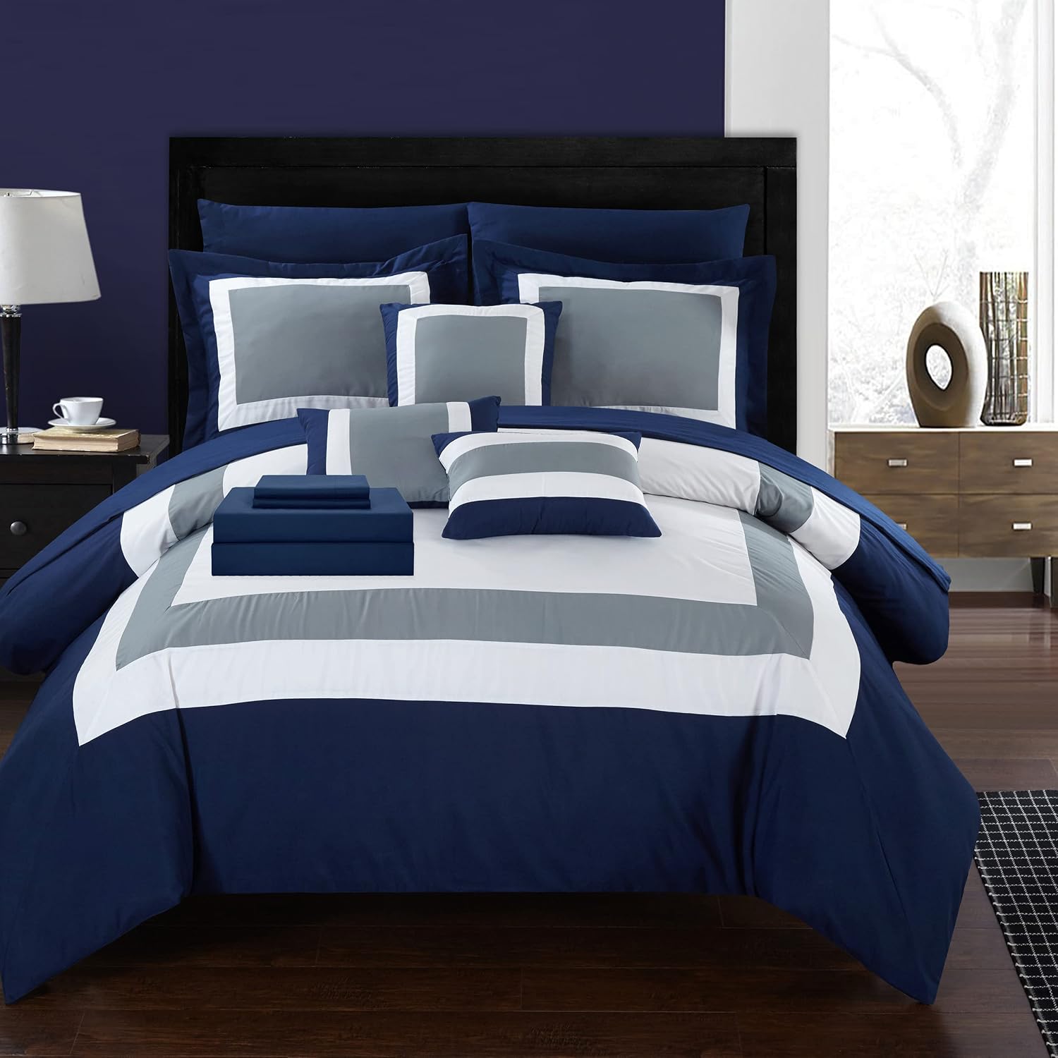 Chic Home Duke Queen Comforter Set 10-Piece, Colorblocked Queen Size Comforter Set with 2 Shams, 3 Pillows and Bedding Set Queen (Navy)