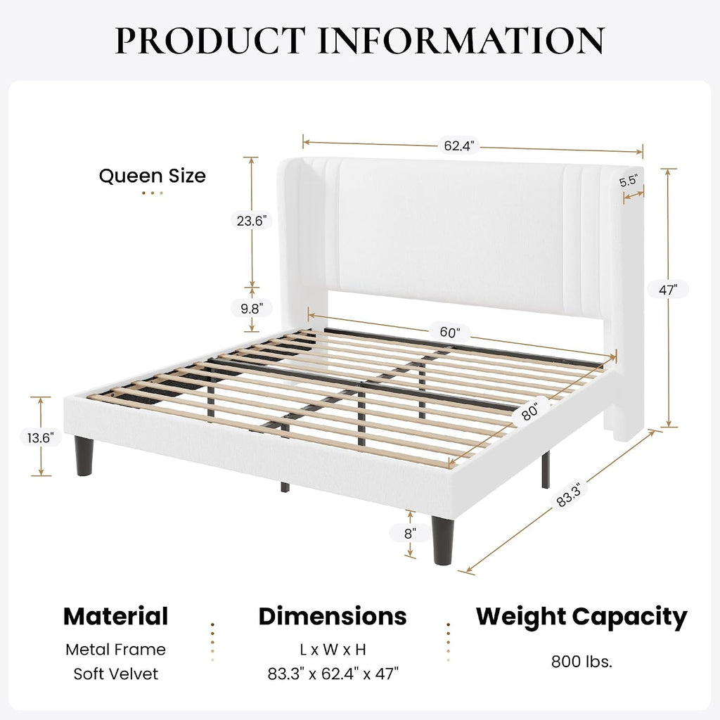 SHA CERLIN Queen Size Velvet Upholstered Platform Bed Frame with Vertical Channel Tufted Wingback Headboard, Wooden Slats Support, Easy Assembly, Under Bed Storage, No Box Spring Required, White