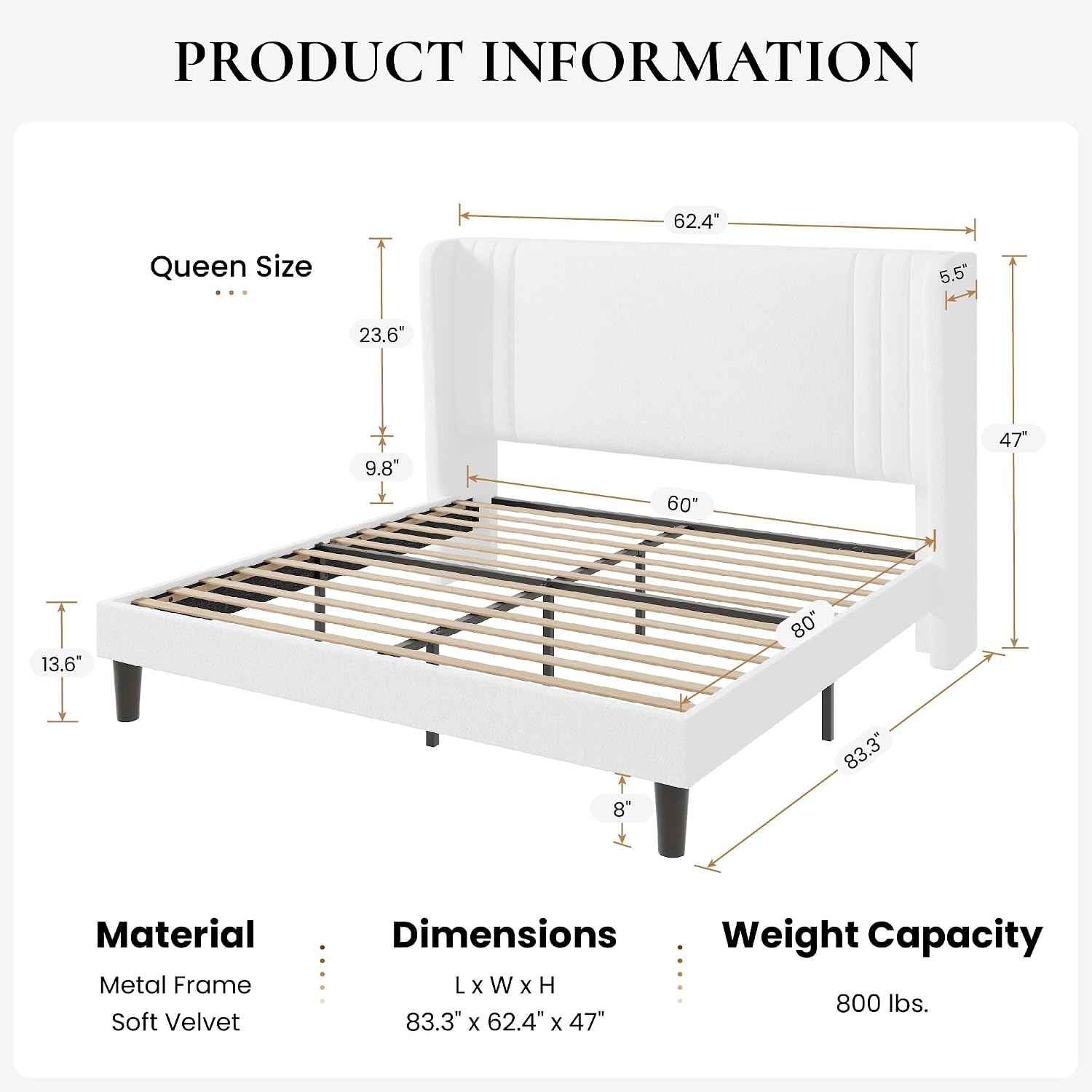 SHA CERLIN Queen Size Velvet Upholstered Platform Bed Frame with Vertical Channel Tufted Wingback Headboard, Wooden Slats Support, Easy Assembly, Under Bed Storage, No Box Spring Required, White