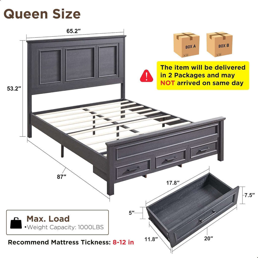 ACCOHOHO Farmhouse Queen Size Bed Frame with 52' Tall Headboard, Wood Platform Bedframe with Footboard and Storage Drawers, No Squeak, No Box Spring Needed, Black