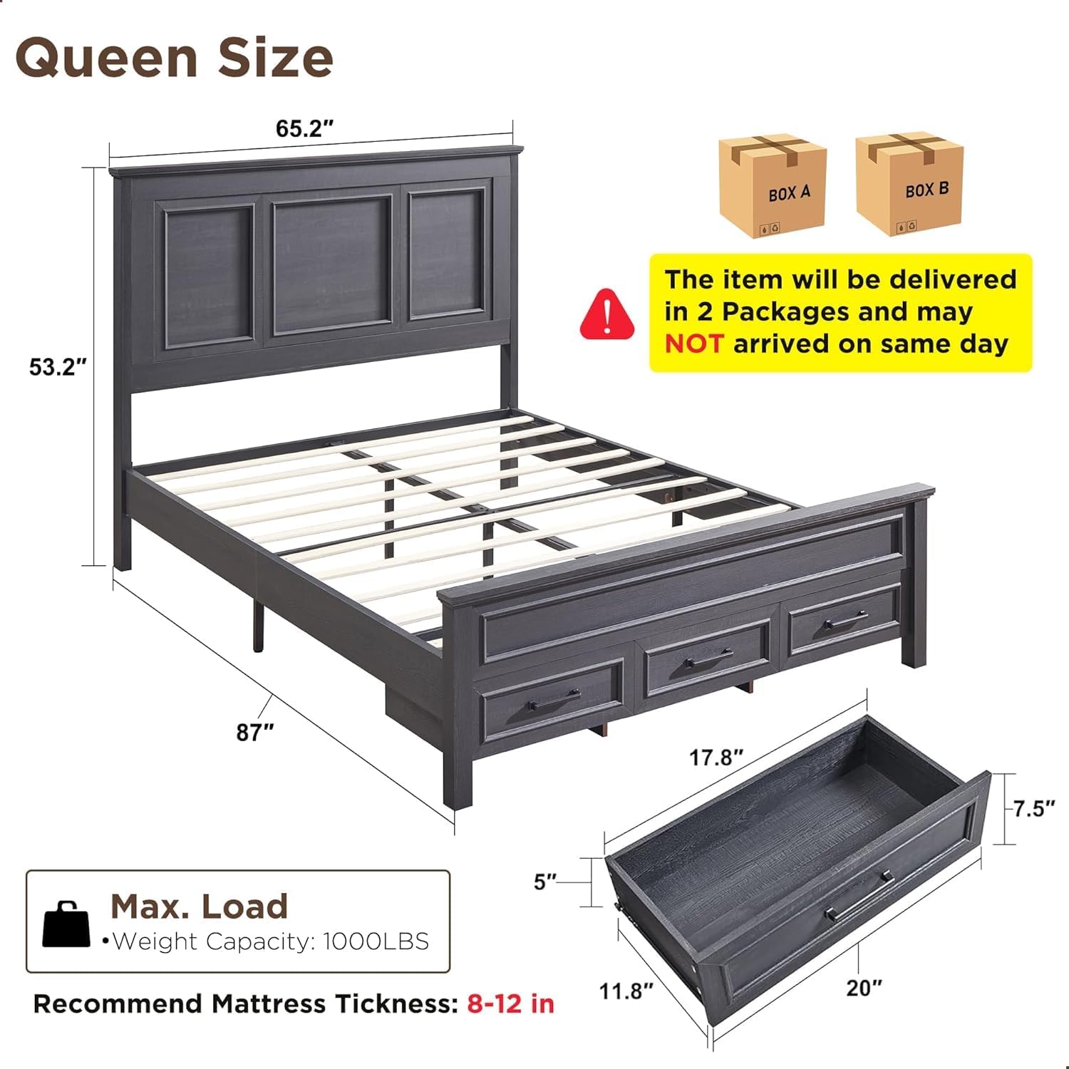 ACCOHOHO Farmhouse Queen Size Bed Frame with 52' Tall Headboard, Wood Platform Bedframe with Footboard and Storage Drawers, No Squeak, No Box Spring Needed, Black