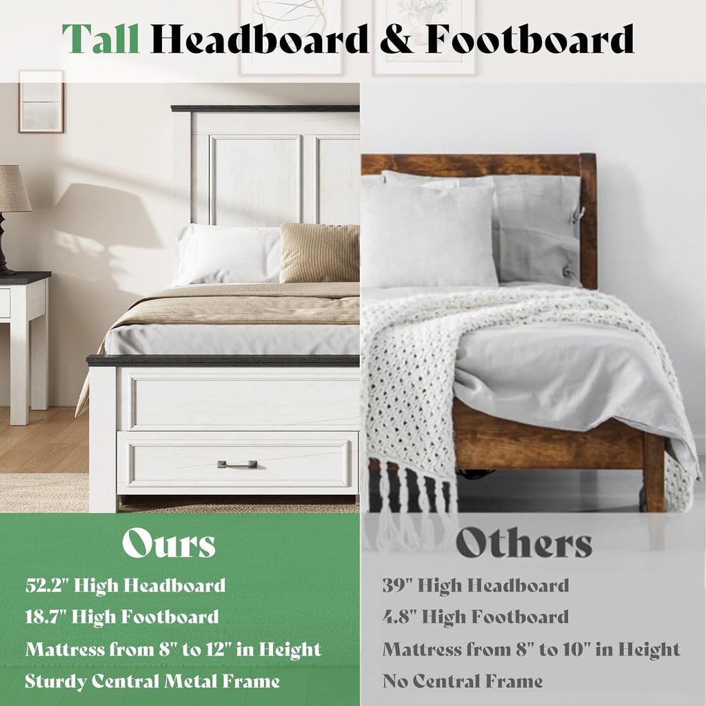 AMERLIFE Full Size Bed Frame with 52.2' Tall -Panel Headboard & Footboard, Farmhouse Wood Platform Bed Frame & 2 Large Storage Drawers, No Box Spring Needed, Noiseless, Rustic White