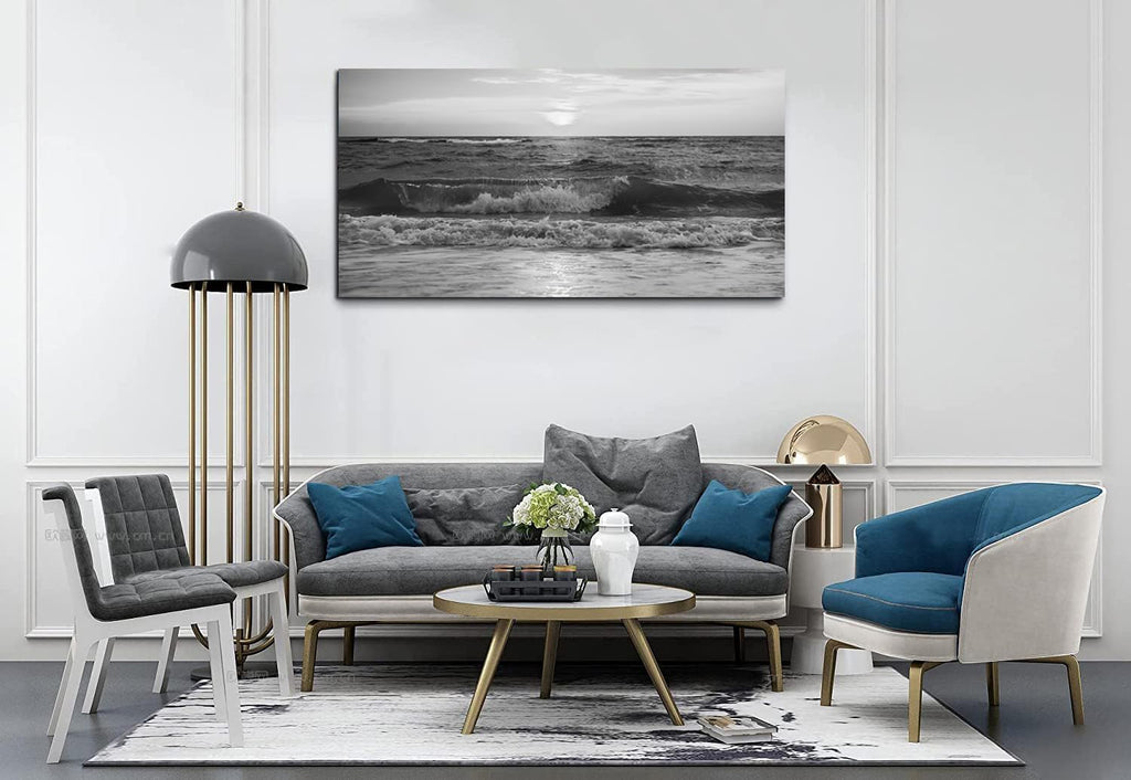 Large Modern Black and White Ocean Beach Sea Waves Canvas Wall Art Framed Artwork for Bedroom Living Room Office Wall Decor-58'x29'inch