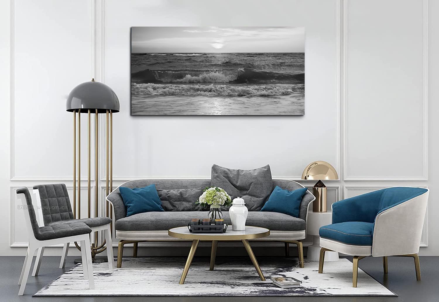 Large Modern Black and White Ocean Beach Sea Waves Canvas Wall Art Framed Artwork for Bedroom Living Room Office Wall Decor-58'x29'inch