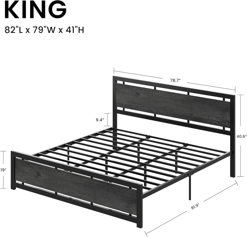 LIKIMIO King Bed Frame with Headboard and Footboard, Metal Strong Supports, Easy Assembly, Noise-Free, No Box Spring Needed, Charcoal Grey