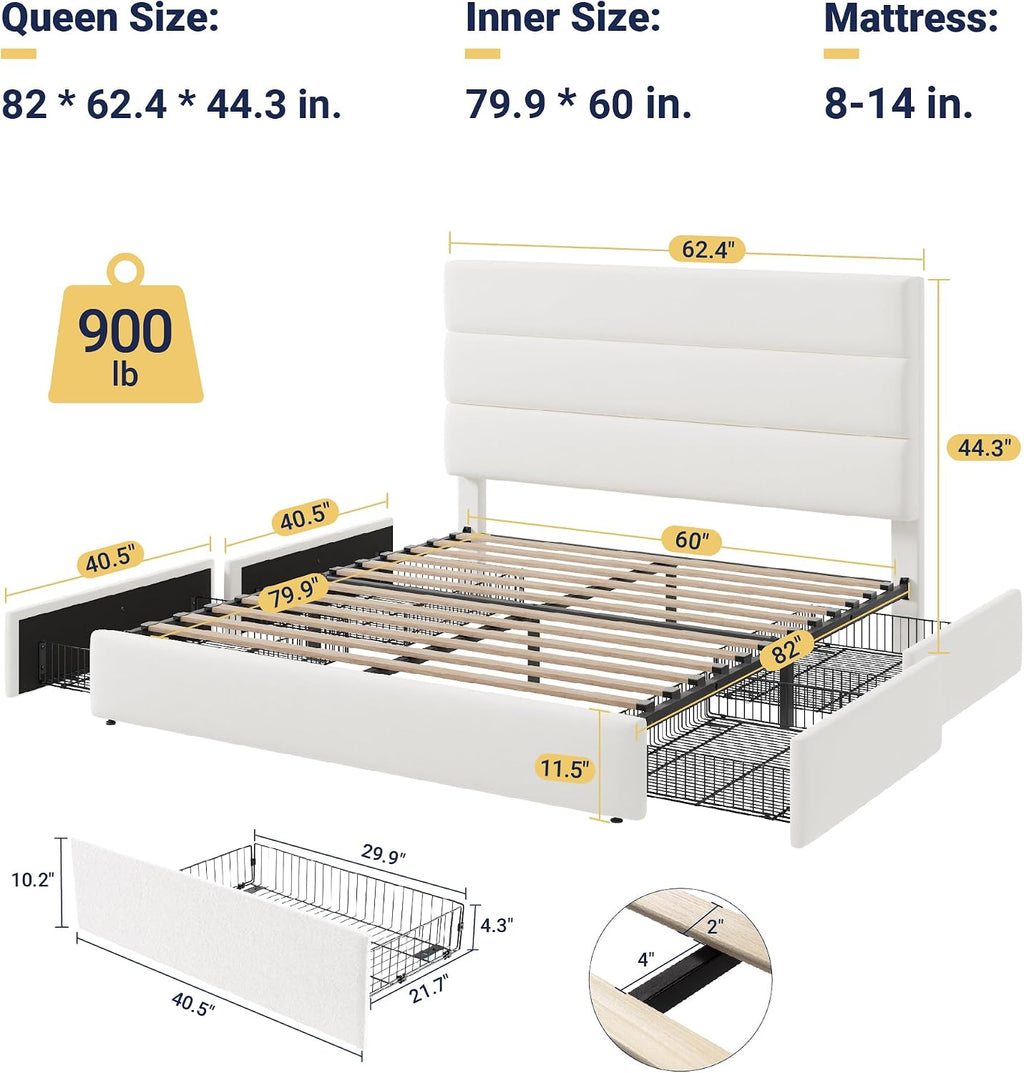Allewie Modern Queen Size Platform Bed Frame with 4 Storage Drawers and Velvet Upholstered Headboard, Wooden Slats Support, Upholstered Mattress Foundation/No Box Spring Needed/Easy Assembly, White