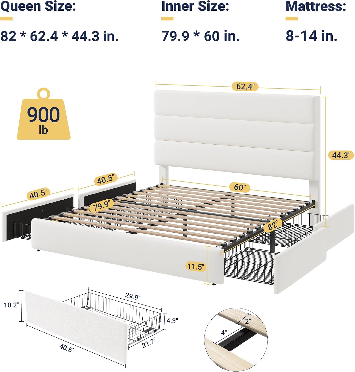 Allewie Modern Queen Size Platform Bed Frame with 4 Storage Drawers and Velvet Upholstered Headboard, Wooden Slats Support, Upholstered Mattress Foundation/No Box Spring Needed/Easy Assembly, White