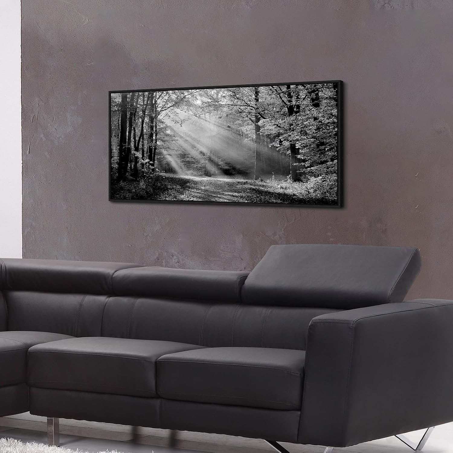 Landscape Canvas Framed Wall Art - Black White Sunset Forest Picture Woodland Painting Nature Tree Scenery Artwork Prints for Bedroom Living Room