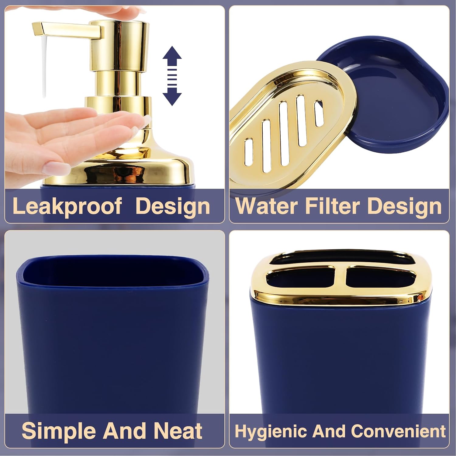Bathroom Sets with Shower Curtain and Rugs Bathroom Accessories Set Navy Blue Bathroom Set,Soap Dispenser & Toilet Brush Holder Set with Stainless Steel Trash Can(23 PCS)