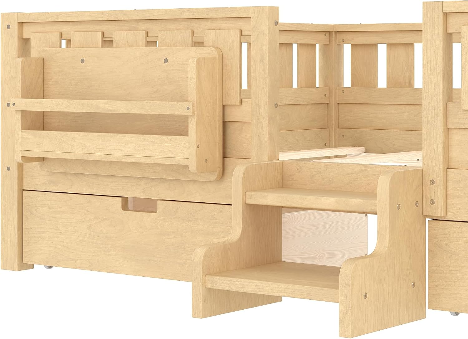Bellemave Queen Size Bed with Slats and Stairs, Queen Size Platform Bed Frame with Fence, Bookshelf and Storage Drawers, Easy Assemble Beds for Girls, Boys, Light Natural