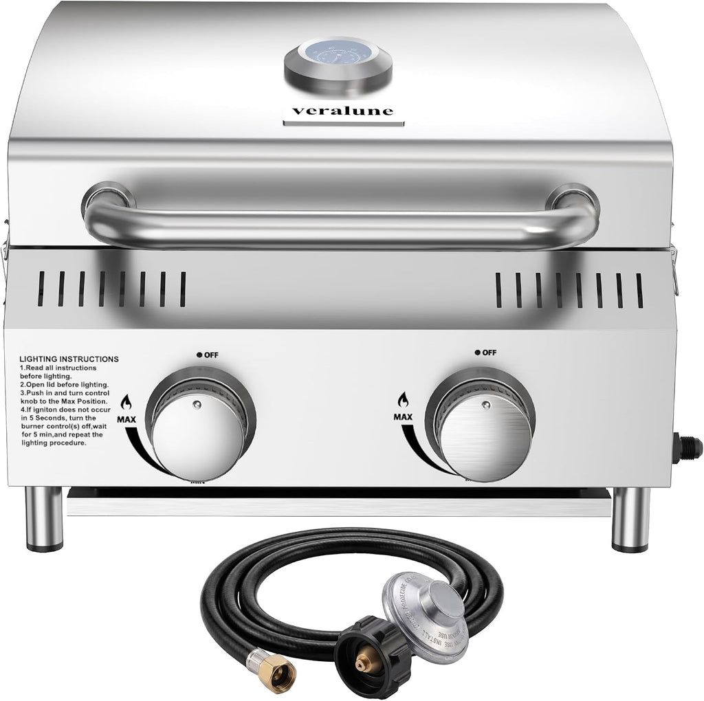 Veralune Tabletop Gas Grill, 2 Burners Portable Propane Grill, Camping Cooking Grill with Travel Lock for Camping, RV, Backyard BBQ