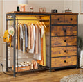 EnHomee 49.2' W Dresser with Hanging Rack & 6 Fabric Drawers – Wooden Top Organize Unit Featuring LED Lights, Charging Station & Grid Panel & Hooks for Bedroom, Rustic Brown