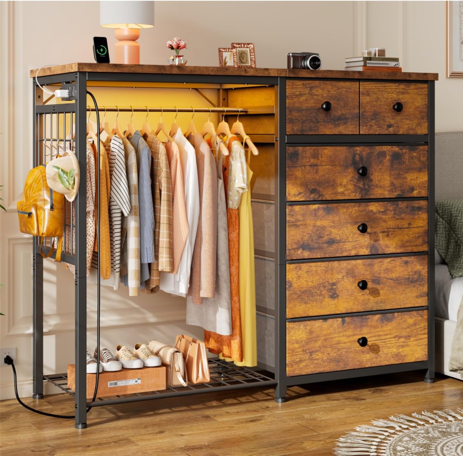 EnHomee 49.2' W Dresser with Hanging Rack & 6 Fabric Drawers – Wooden Top Organize Unit Featuring LED Lights, Charging Station & Grid Panel & Hooks for Bedroom, Rustic Brown