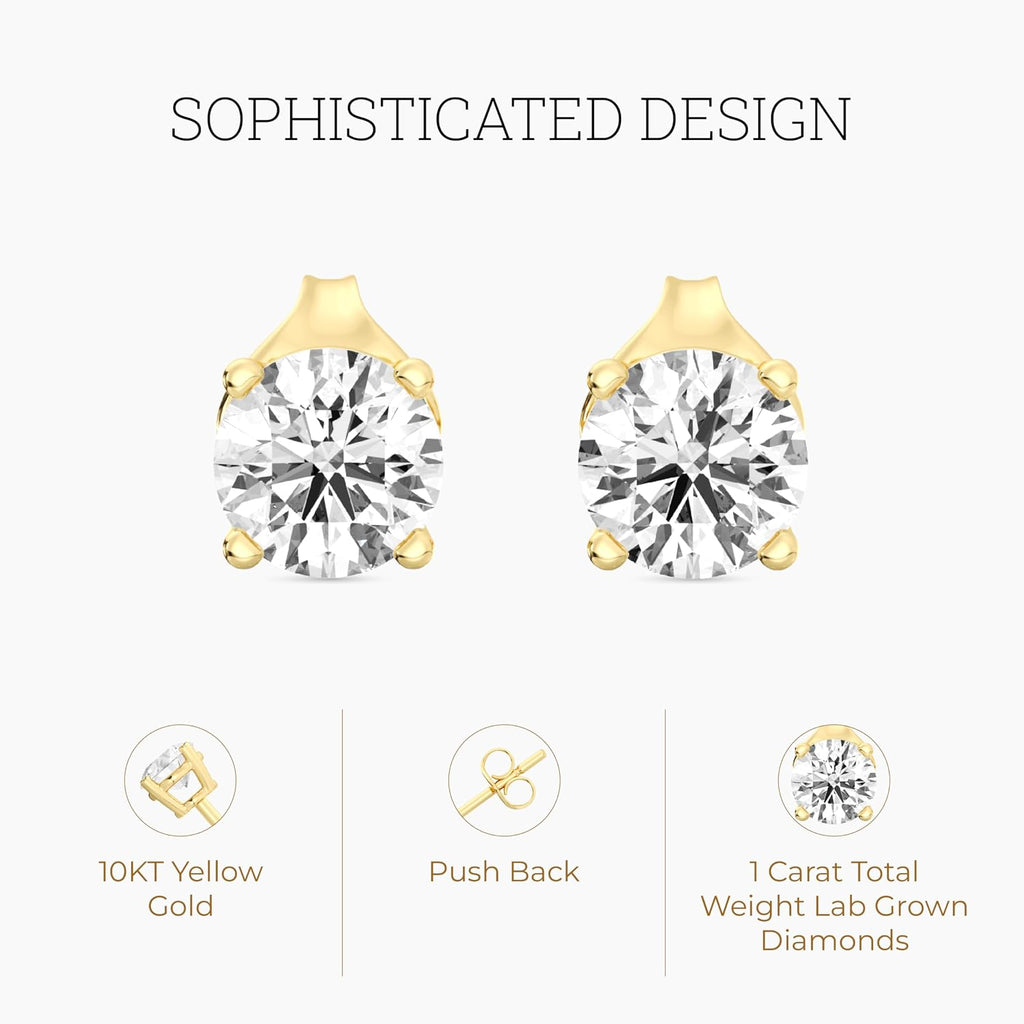 Gilded Lab-Grown Diamond Stud Earrings 10KT White Gold and 10KT Yellow Gold | Hypoallergenic Fine Gold Jewelry | 4-Prong Basket, Push Back Nut | VS2 SI1 Clarity, F Color, Round Cut | 1/5,1/4,1/3,3/8,1/2,3/4,1,2 ct tw