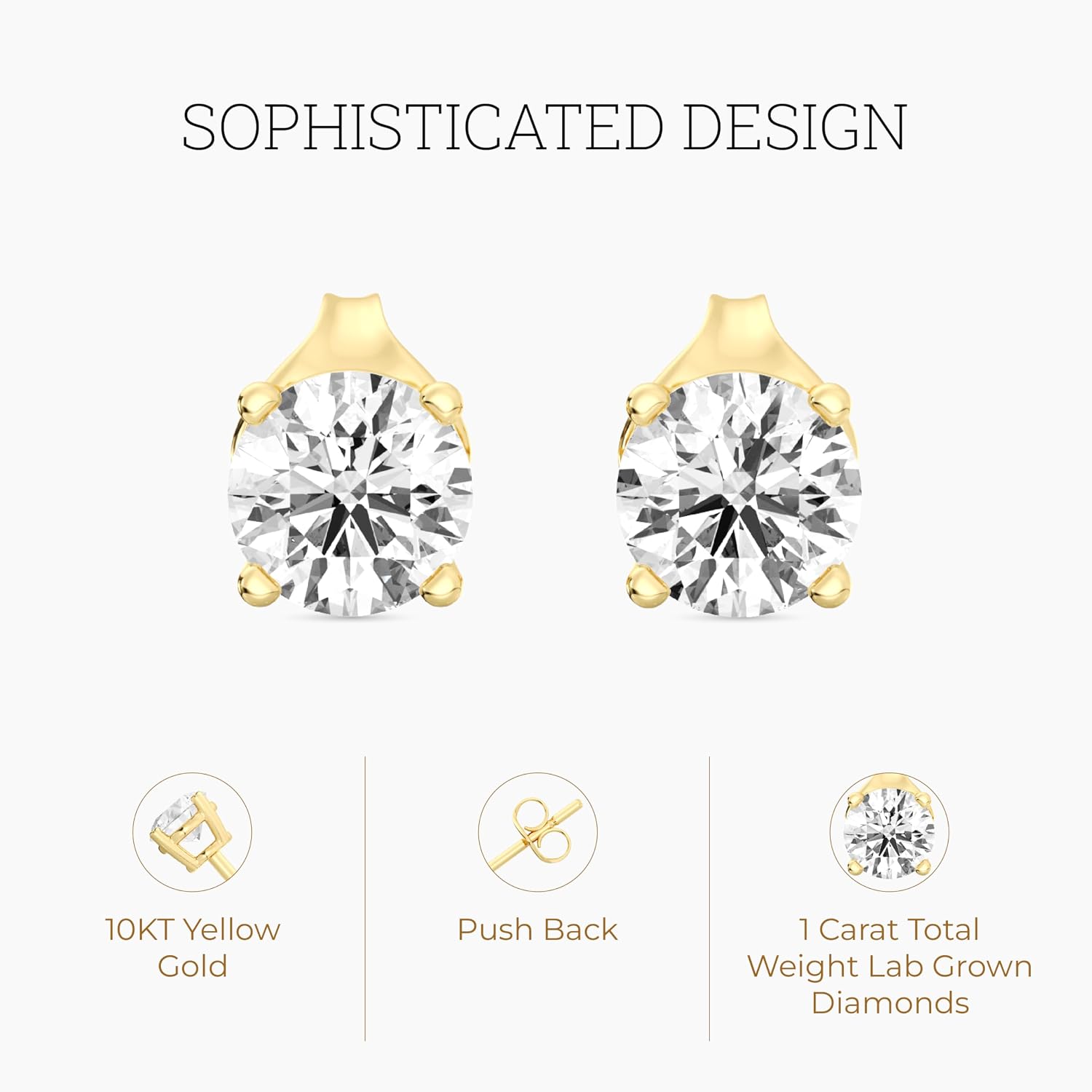Gilded Lab-Grown Diamond Stud Earrings 10KT White Gold and 10KT Yellow Gold | Hypoallergenic Fine Gold Jewelry | 4-Prong Basket, Push Back Nut | VS2 SI1 Clarity, F Color, Round Cut | 1/5,1/4,1/3,3/8,1/2,3/4,1,2 ct tw