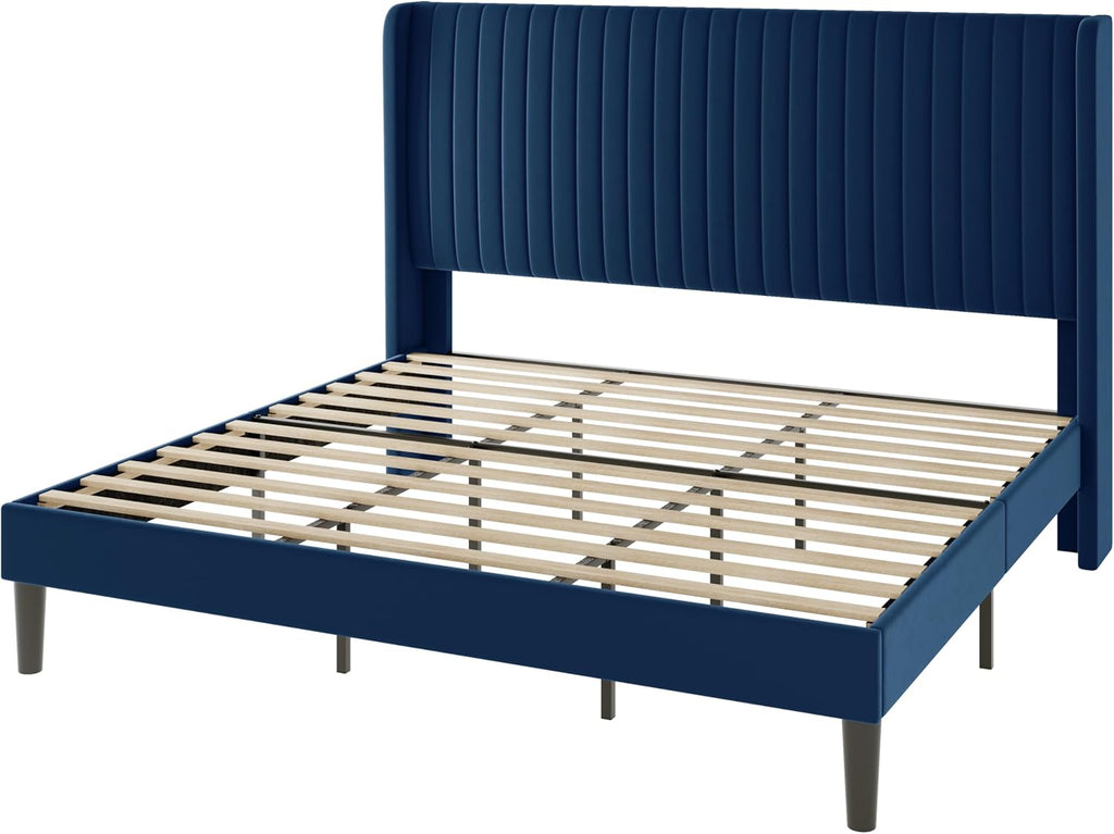 Allewie King Size Velvet Bed Frame/Vertical Channel Tufted Wingback Headboard/Upholstered Platform Bed/Strong Wooden Slats/No Box Spring Needed/Easy Assembly/Blue