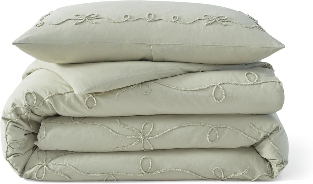 Peri Home Bows Bedding Cottage Core 100% Cotton 2-Piece Comforter and Sham Set, Twin, Green Sasha Bows