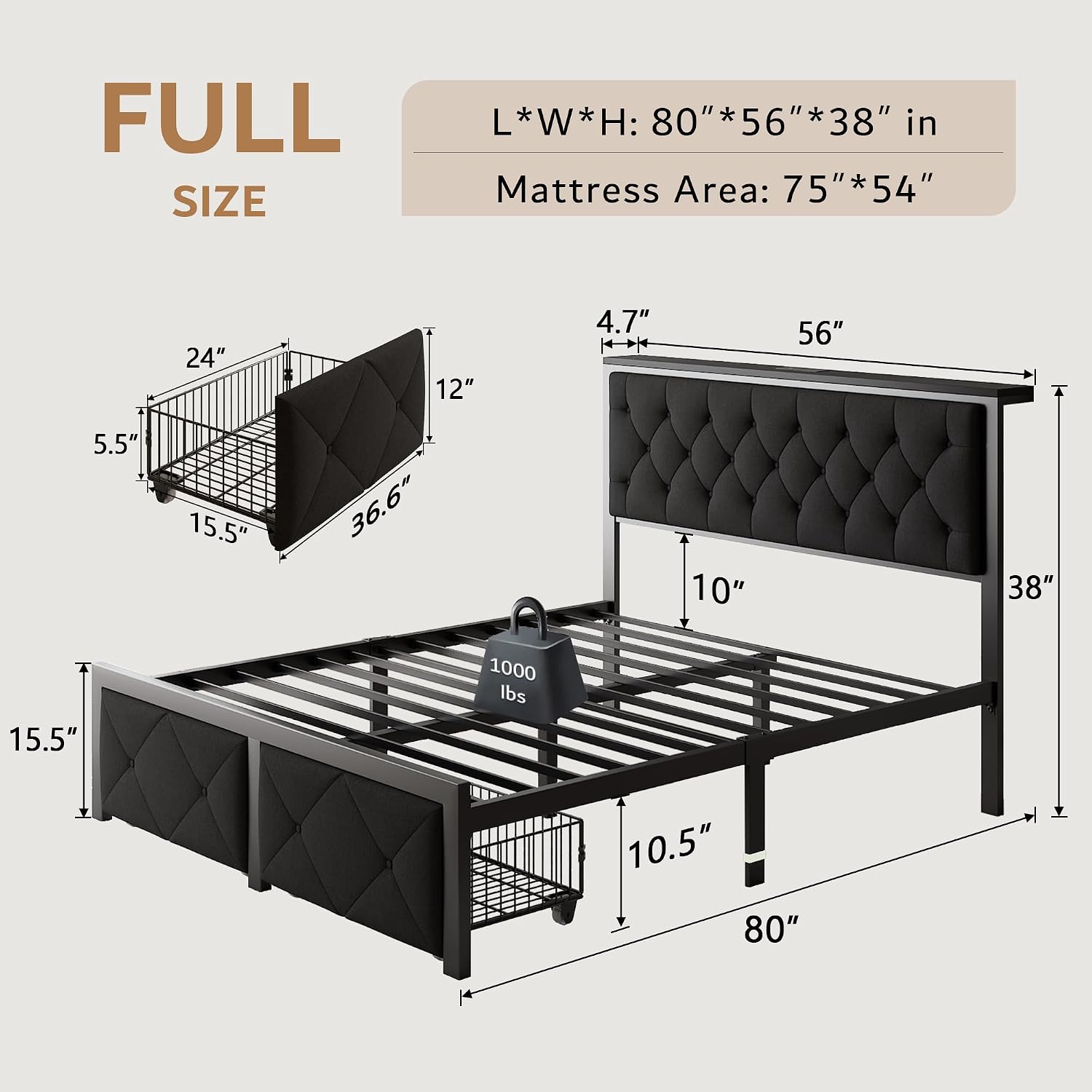 iPormis Full Bed Frame with 2 Storage Drawers, Linen Upholstered Headboard Platform Bed with Charging Station, No Box Spring Needed, Metal Slats Support, Noise-Free, Easy Assembly, Black
