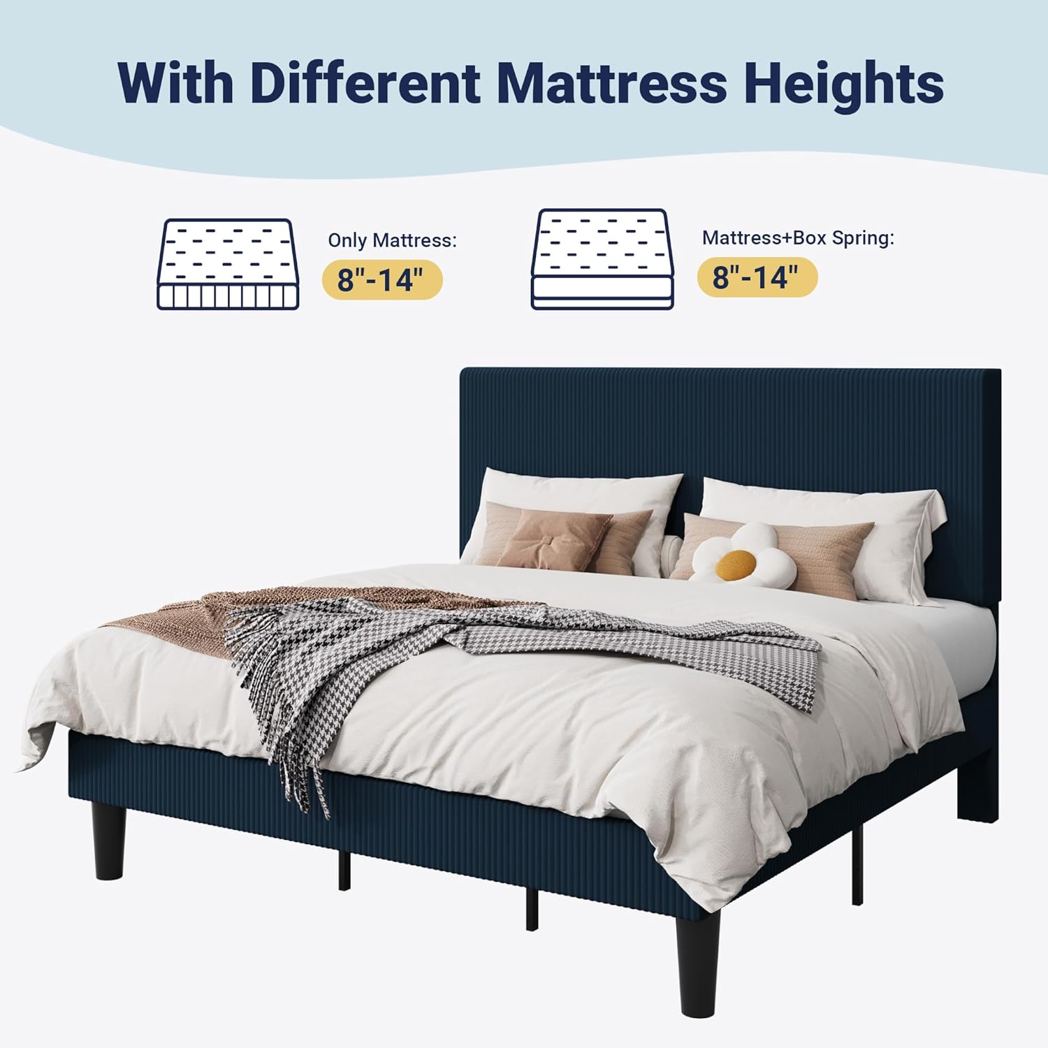 Allewie King Size Upholstered Bed Frame with Vertical Channel Tufted Headboard, Soft Corduroy Fabric Platform Bed, Strong Wooden Slats Support, Easy Assembly, No Box Spring Needed, Dark Blue